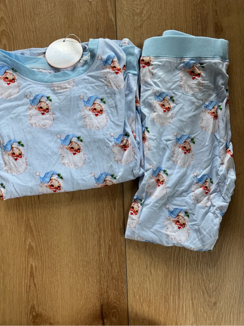 Abby & Evie Cozy Light Blue Santa Pajama Set for Kids 6 Bamboo Rare